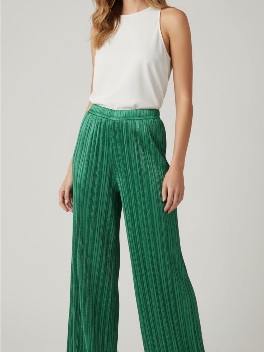 H&M Metallic Emerald Green Wide-Leg Pleated Pants